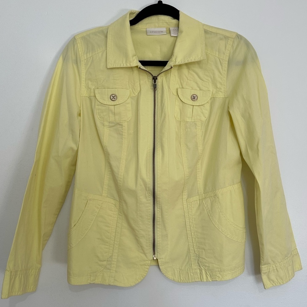 Chicos Womens Cotton Blend Lemon  Yellow Zip Up Windbreaker Jacket size 0